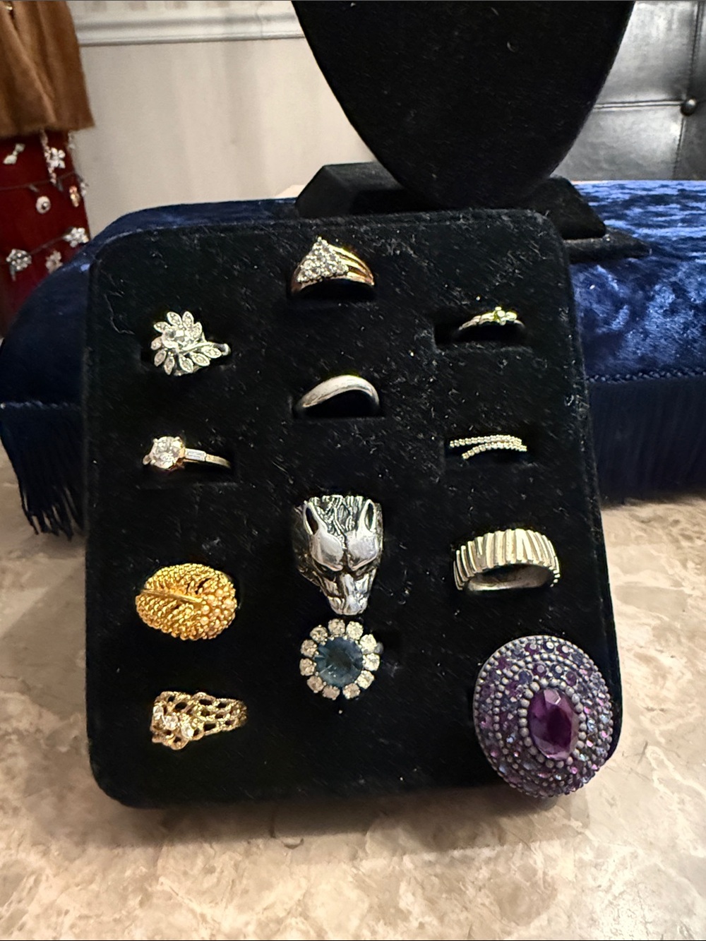 Vintage lot of 12 unique rings, some marked w glass and crystal stones 50-80s